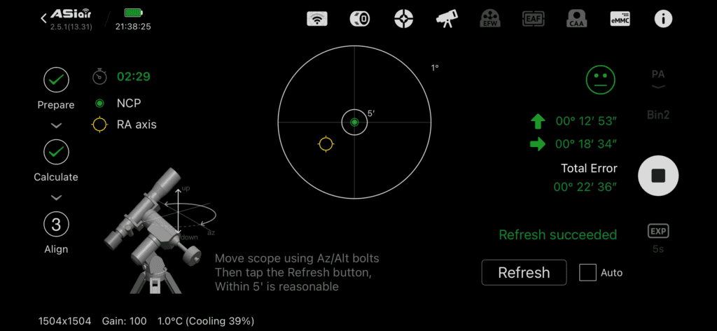 Polar alignment process with the Asiair Plus