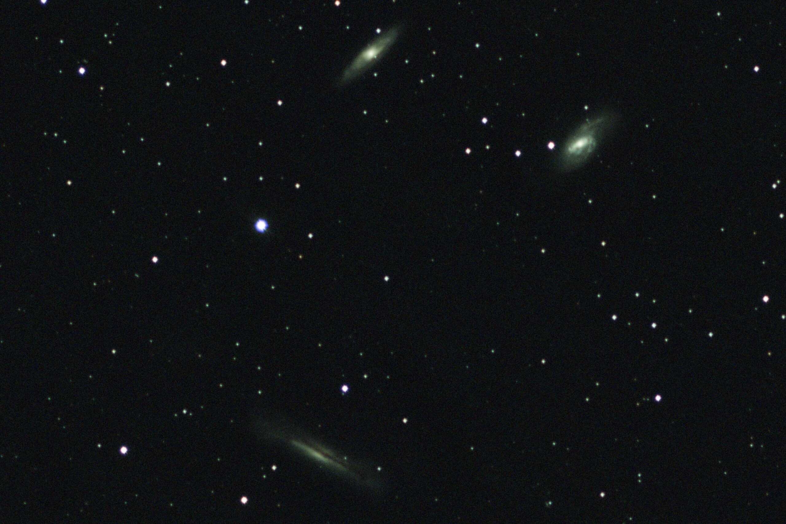 The Leo Triplet galaxies — M65, M66, and NGC 3628 — imaged from a Bortle 9 backyard in Florida using an Optolong L-Pro filter