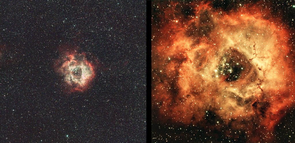 Rosette Nebula comparison: Sony ZV-E10 with Rokinon 135mm lens on the left versus ZWO ASI533MC Pro with SVBONY SV503 70mm refractor on the right