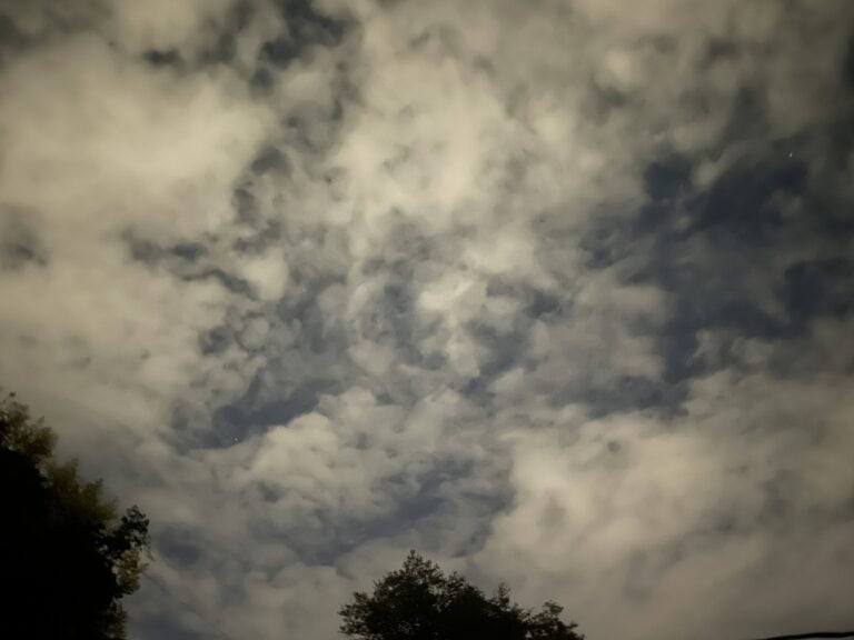Patchy clouds glowing from light pollution over a Florida backyard at night, with a few stars visible through the gaps