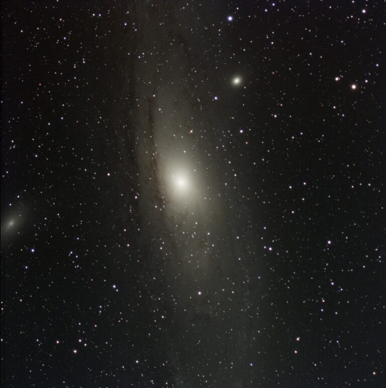 Andromeda Galaxy (M31) stacked in Siril from a Bortle 9 backyard, showing dust lanes, M32 and M110