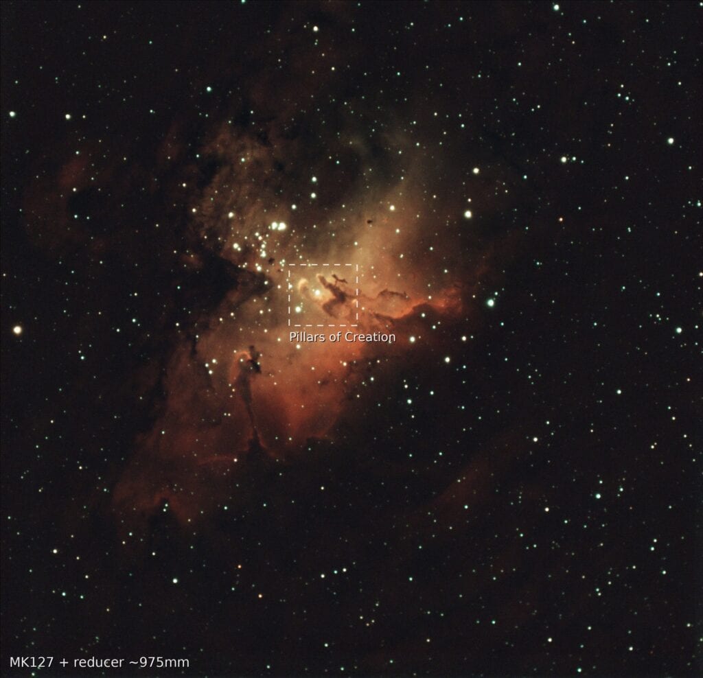 Eagle Nebula imaged at 975mm with the Pillars of Creation region outlined