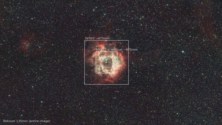 Rosette Nebula at 135mm with framing overlays for 475mm and 975mm focal lengths