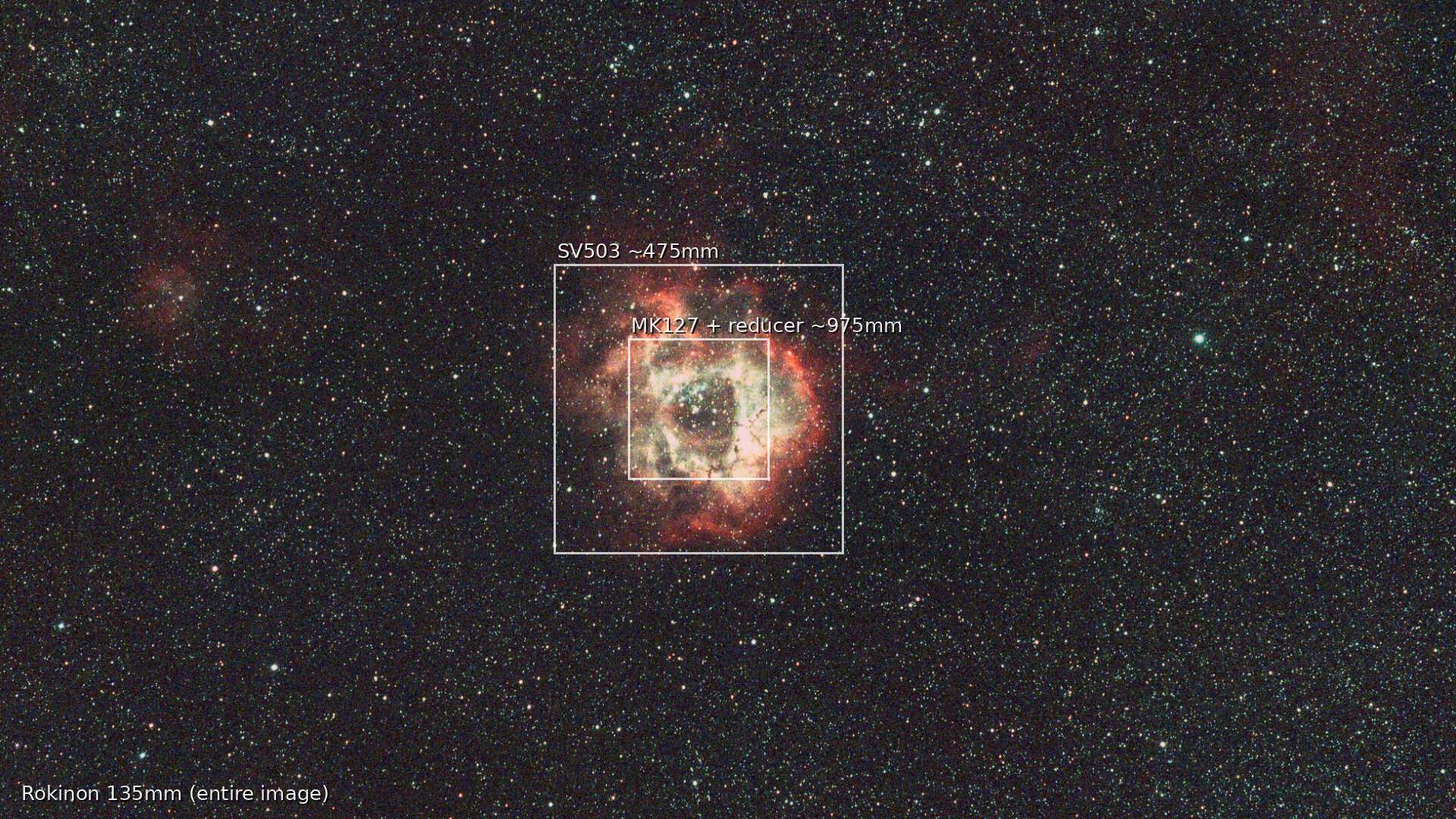 Rosette Nebula at 135mm with framing overlays for 475mm and 975mm focal lengths