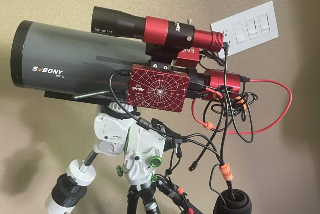 SVBONY MK127 Maksutov with its 0.65× reducer, ZWO ASI533MC Pro camera, and SV220 dual-band filter on a Star Adventurer GTi mount, set up for imaging the Eagle Nebula