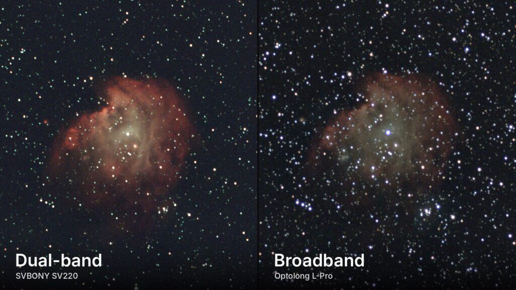 Monkey Head Nebula imaged with an SVBONY SV220 dual-band filter and an Optolong L-Pro broadband filter, comparing nebula signal and star color
