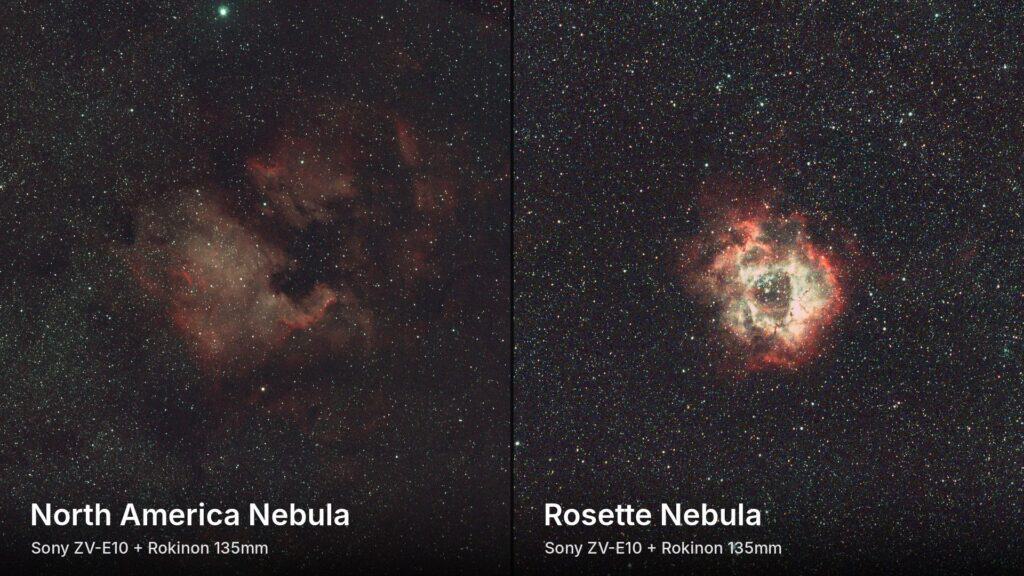 North America Nebula and Rosette Nebula imaged with a Sony ZV-E10 and Rokinon 135mm lens from a Bortle 9 sky
