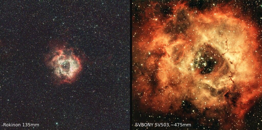 Rosette Nebula side by side at 135mm and 475mm, showing how focal length changes the object's size in the frame