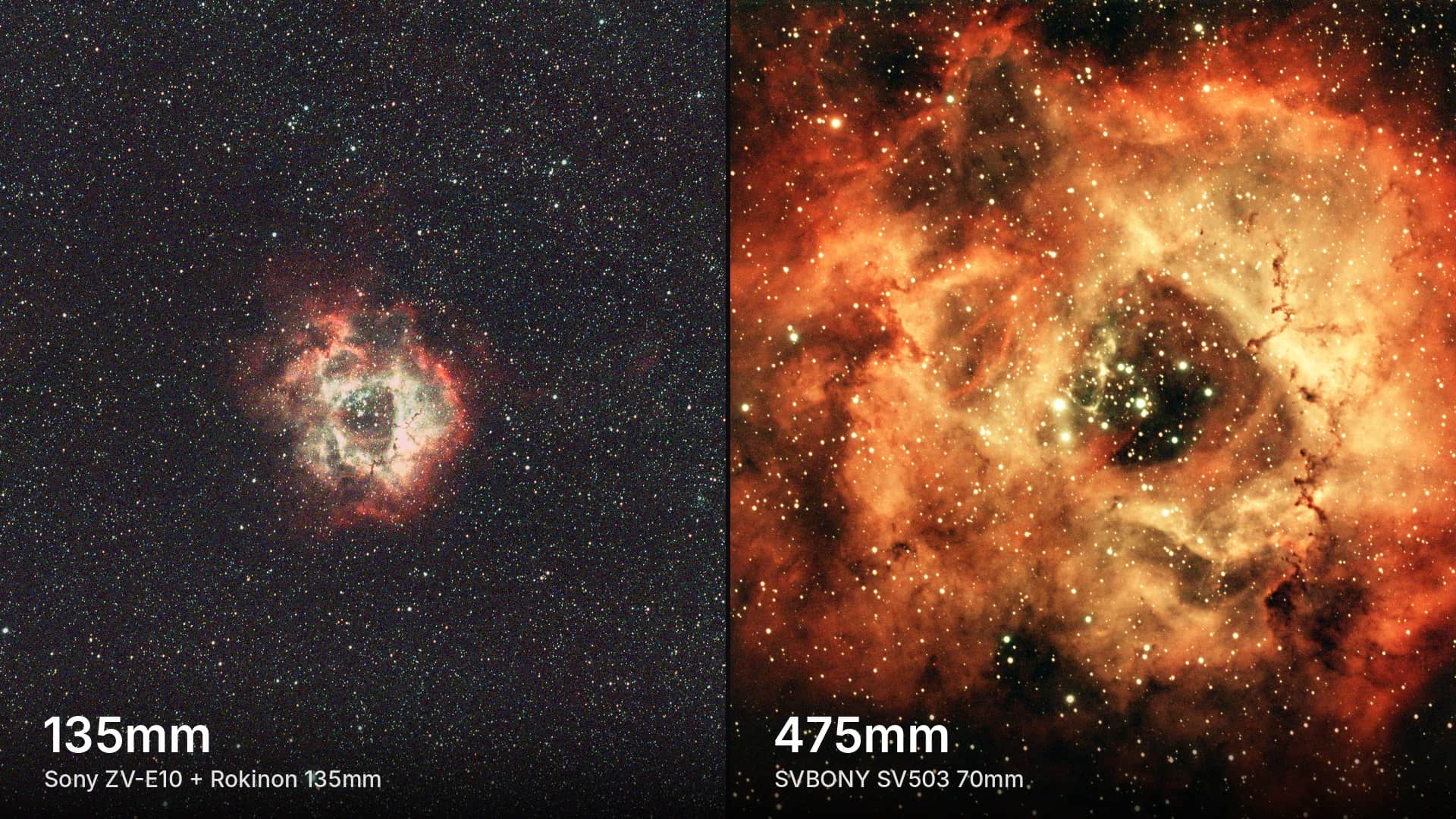 Rosette Nebula imaged at 135mm and 475mm, comparing field of view