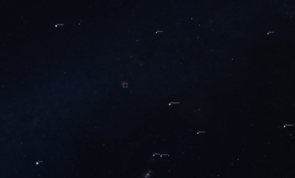 Stellarium chart showing the Rosette Nebula in Monoceros, east of Betelgeuse in Orion