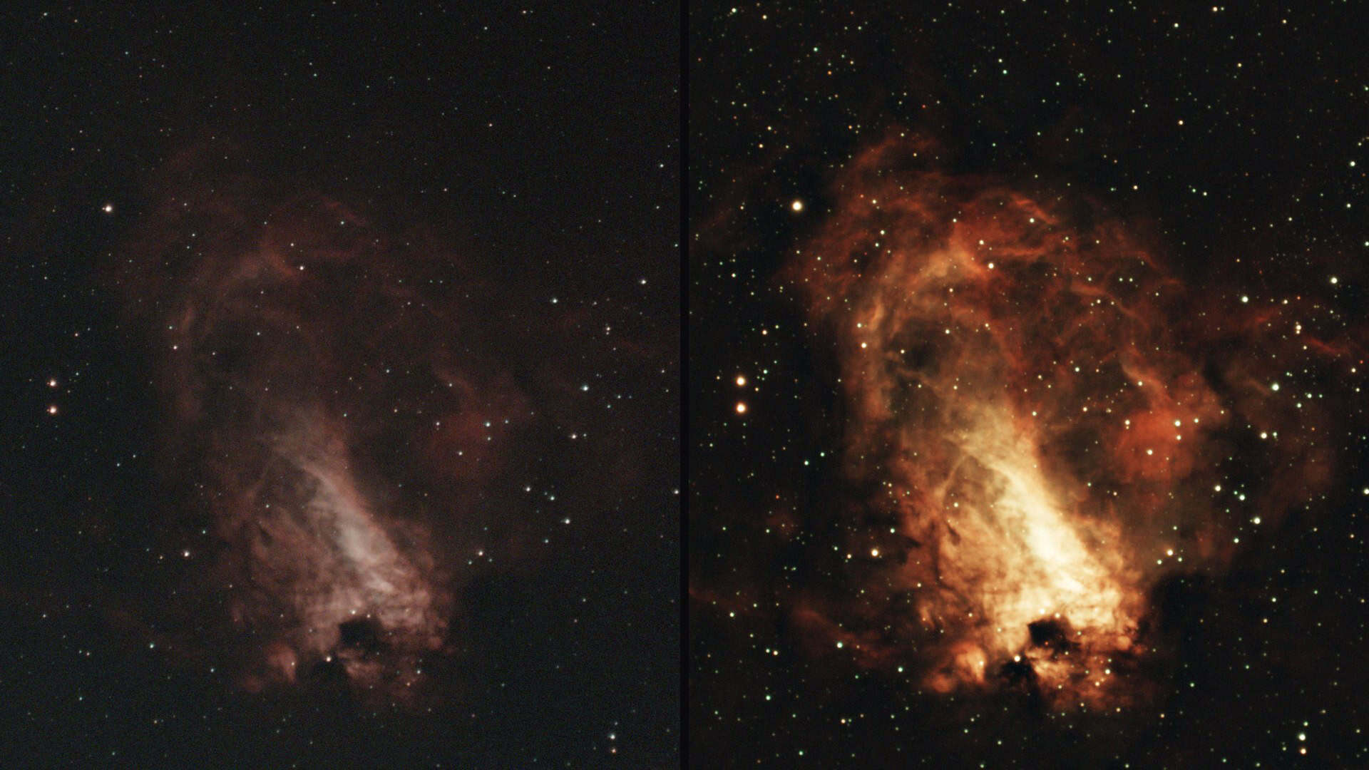 Swan Nebula (M17) as a single stretched frame beside the final stacked image, captured from a Bortle 9 backyard